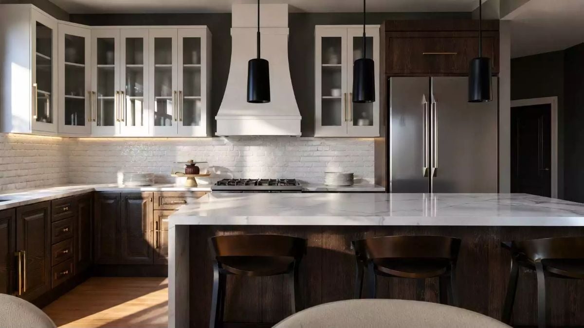 Dark Walnut Cabinets and a Marble Island That Kids Will Absolutely Ruin
