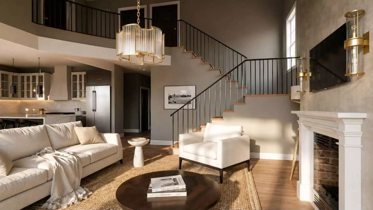 Gold Hardware and Double-Height Ceilings Make the Living Room Feel Like the Adult Zone