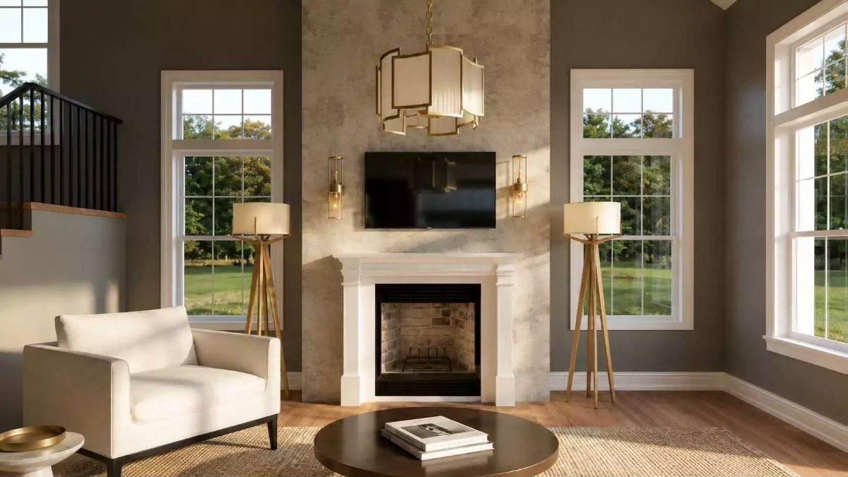 Gold Tripod Lamps and a White Mantel Claim This Room for Grown-Ups Only