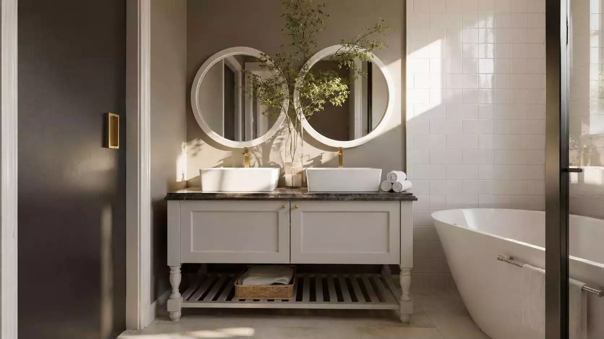 Vessel Sinks and Round Mirrors Claiming This Bathroom for Adults, Full Stop