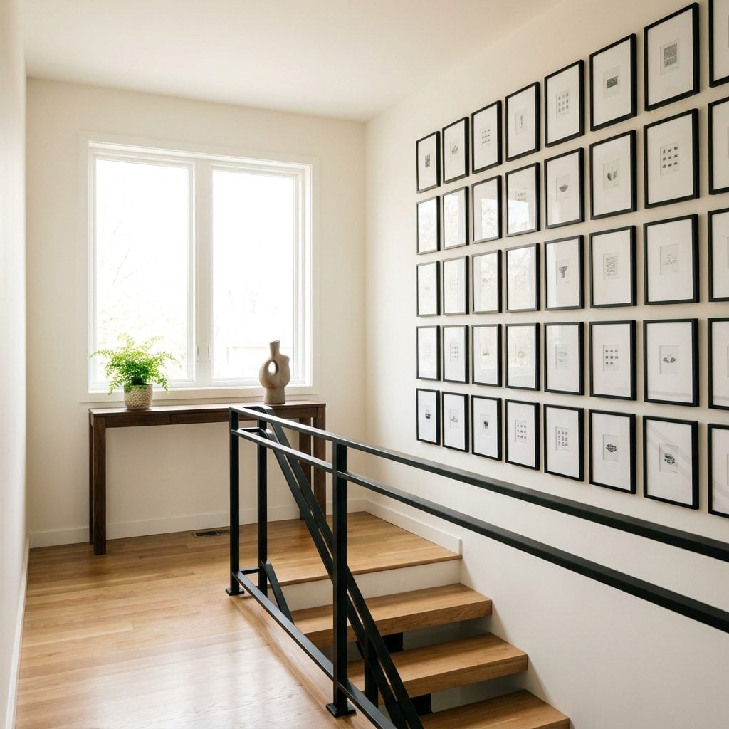 Contemporary stair landing wall covered in a dense grid of about 28 identical tiny black frames with small prints.