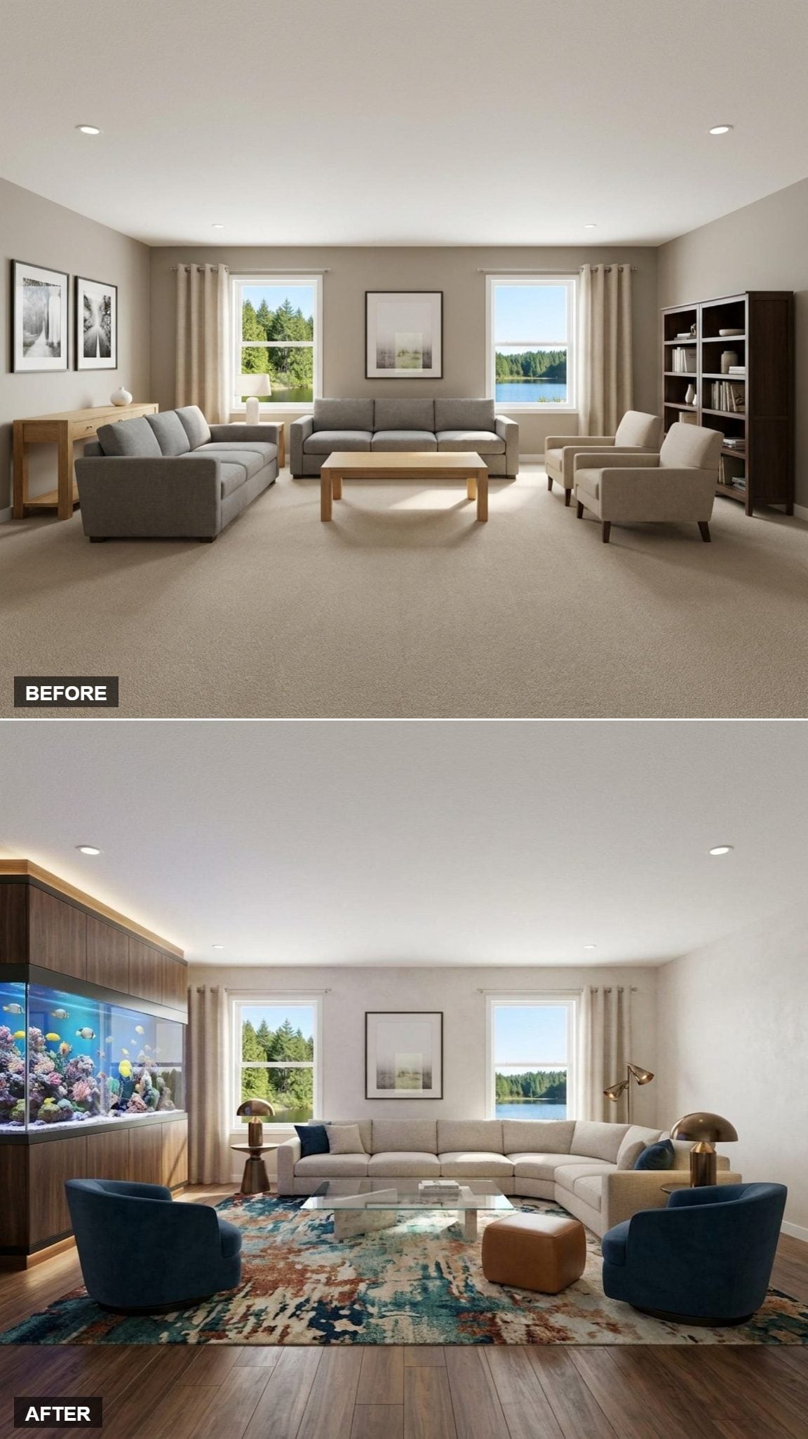 Built-In Aquarium Wall and Ocean-Blue Swivel Chairs: The Social Lounge with a Focal Point Nobody Saw Coming