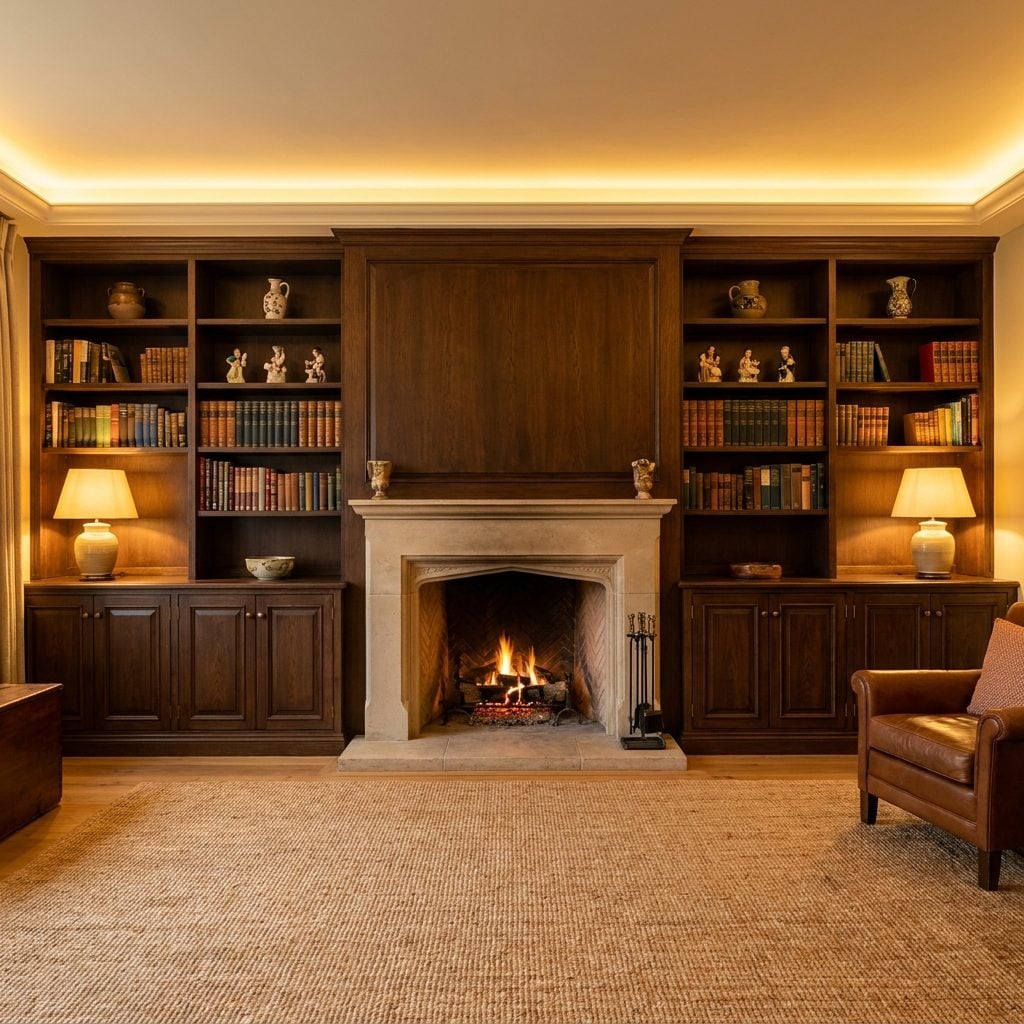 The Built-In Shelves Framing the Fireplace, Half Books and Half Everything Else