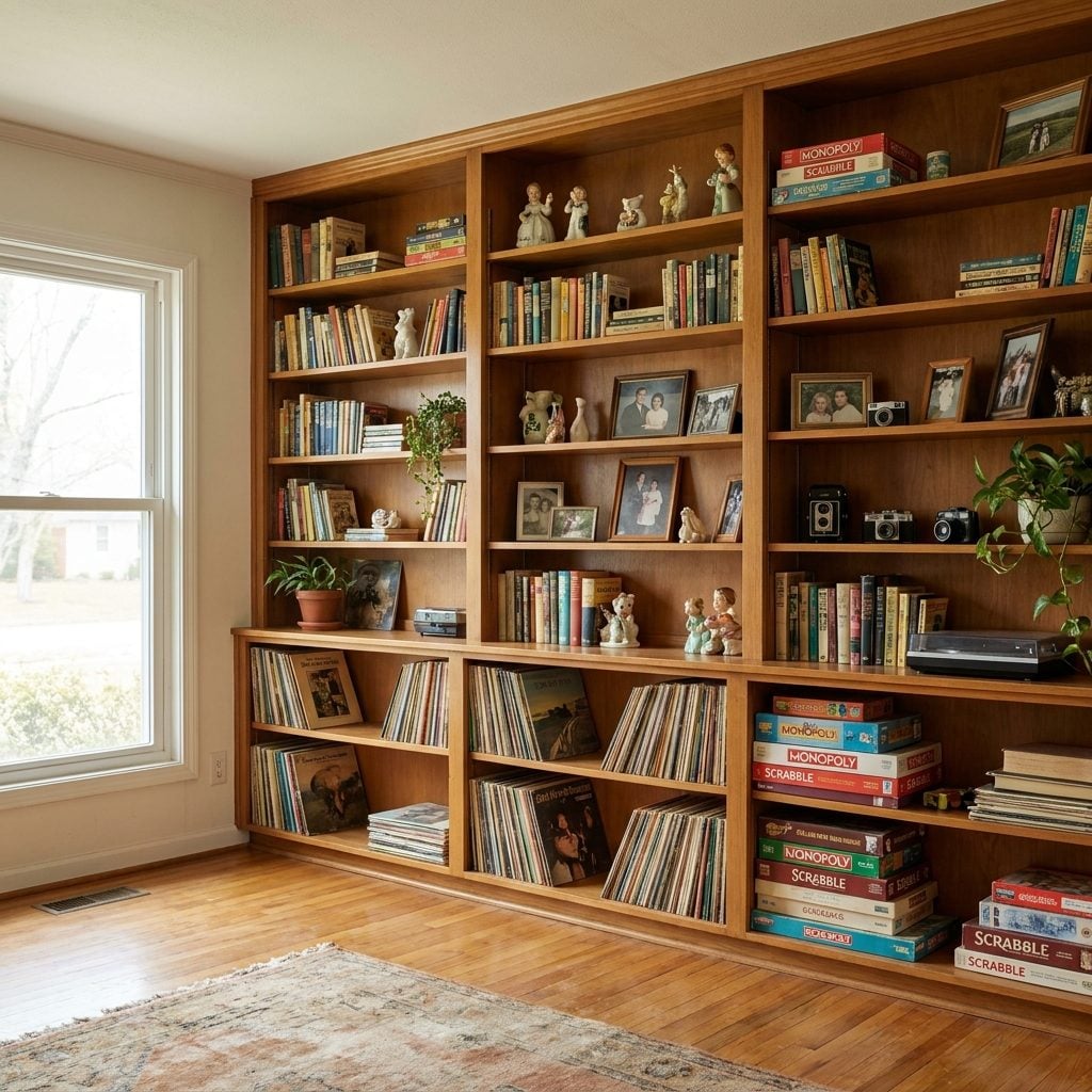The Built-In Shelves Holding Books, Records, Games and Family Stuff
