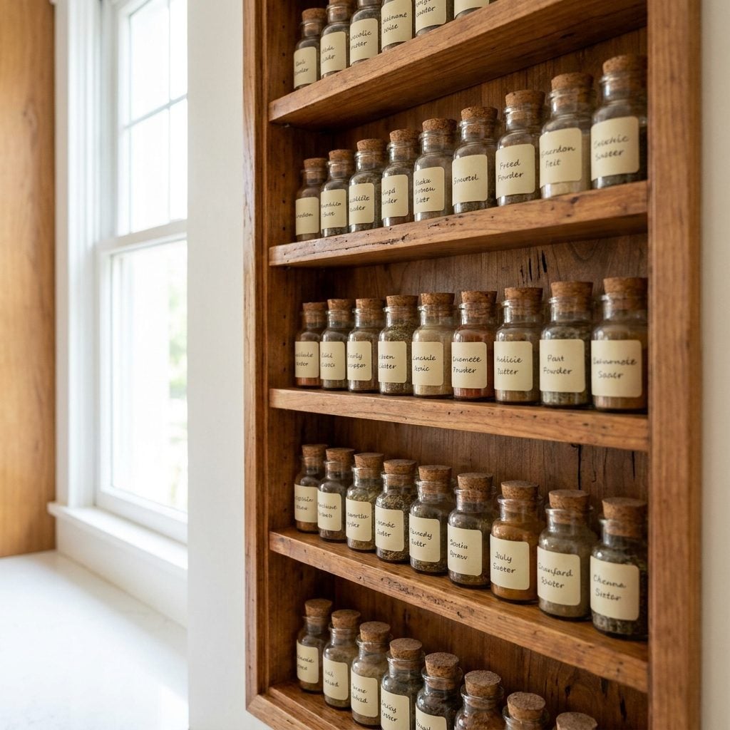 Built-in kitchen spice rack with jars arranged in tiers