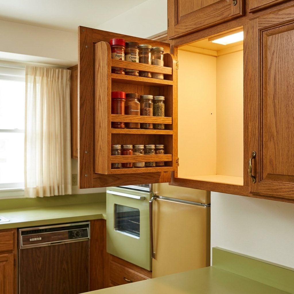 The Built-In Spice Rack Mounted Right Inside the Cabinet Door