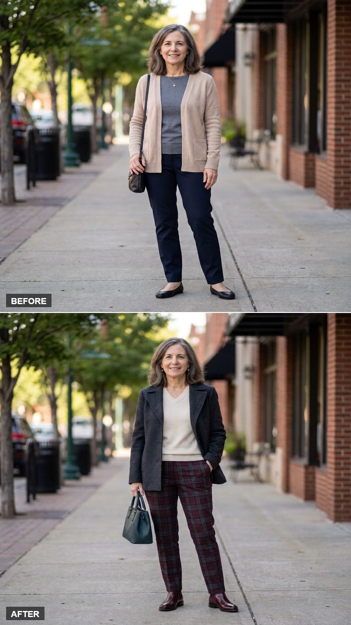 Burgundy Plaid Trousers and Cream Knit Inside a Covered Urban Passage