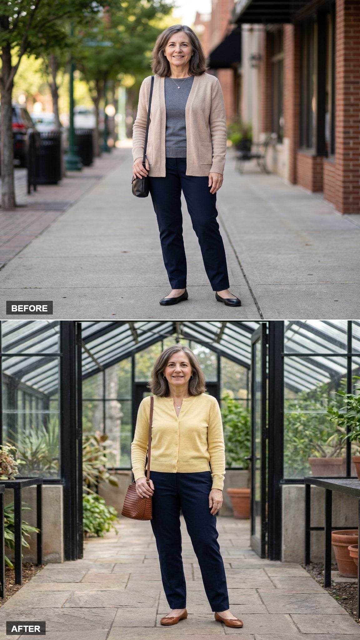 Butter Yellow Fine-Gauge Cardigan and Deep Navy Wide-Leg Trousers Through a Greenhouse Walkway