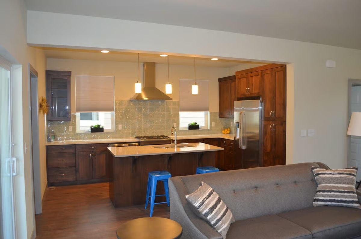 Blue Stools Against Dark Walnut Cabinets: Somebody Made a Good Call