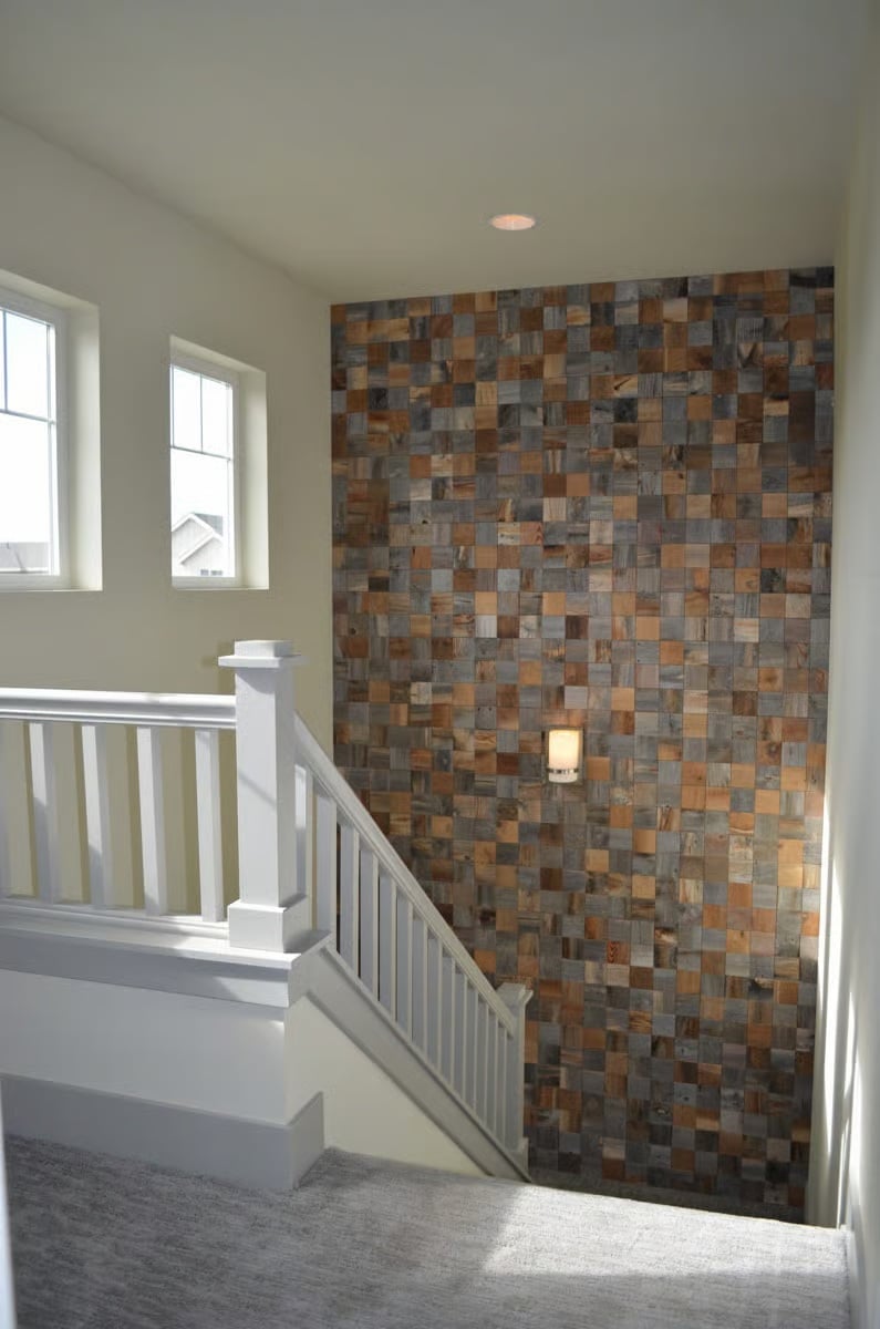 Reclaimed Wood Block Wall at the Top of the Stairs Earns Every Glance