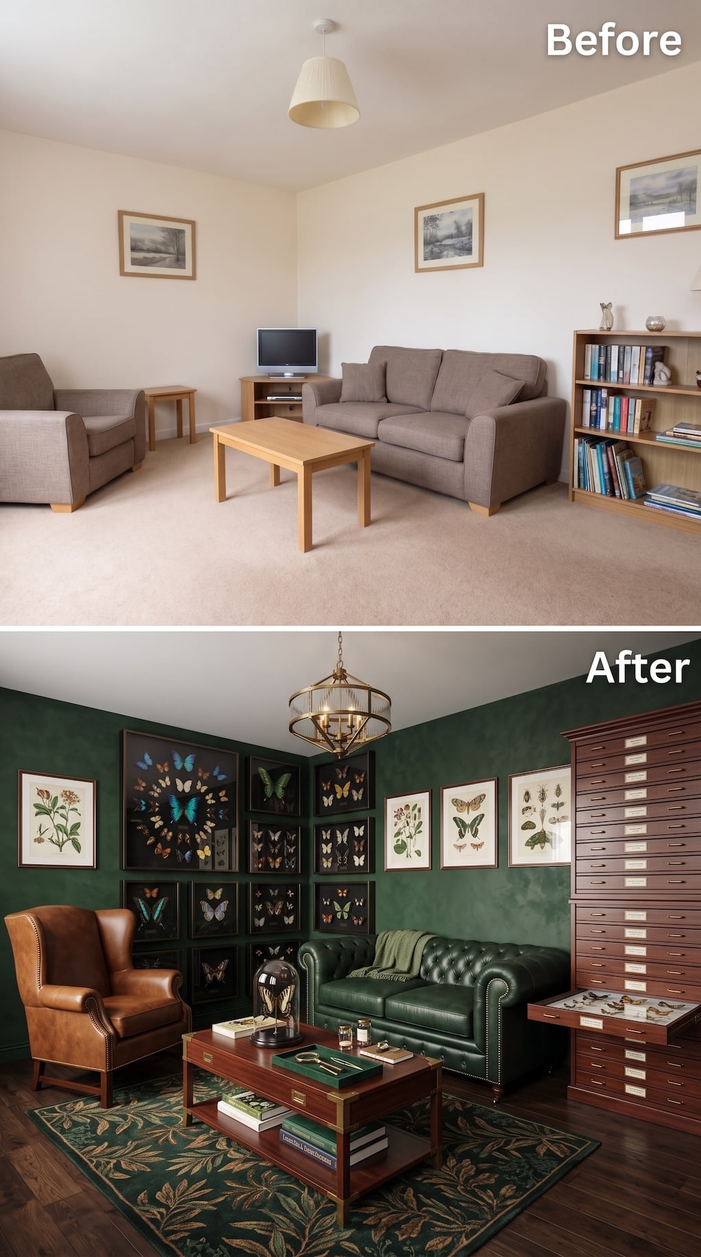 Before and after living room transformed into a butterfly collection room with specimen drawers and framed displays