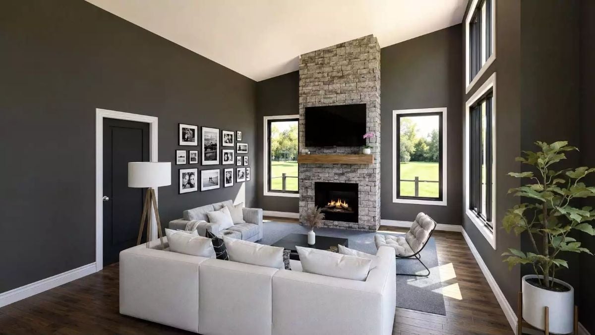 Stone Fireplace Tower Earns Every Inch of Wall It Takes Up