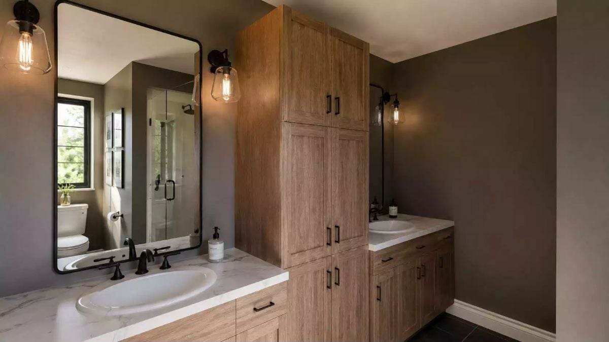 Warm Wood Cabinetry Pulls Double Duty Between Two Separate Vanities