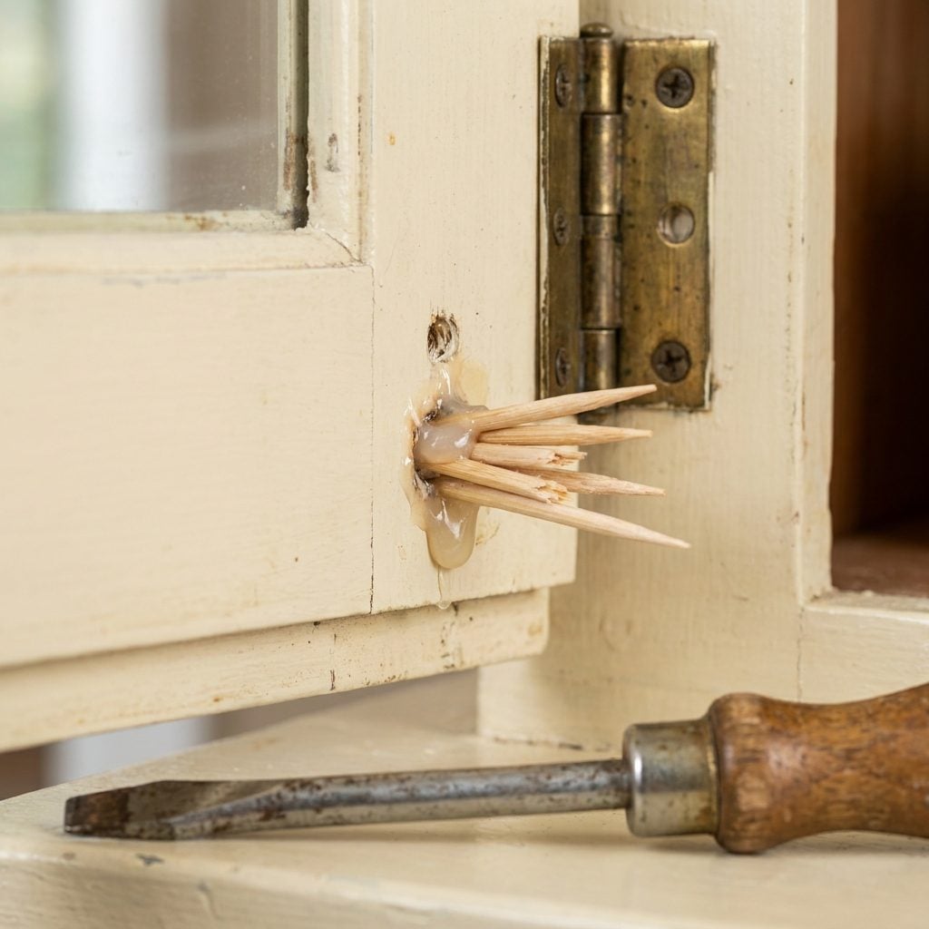Cabinet Doors Whose Loose Hinges Got Toothpick-and-Glue Repairs