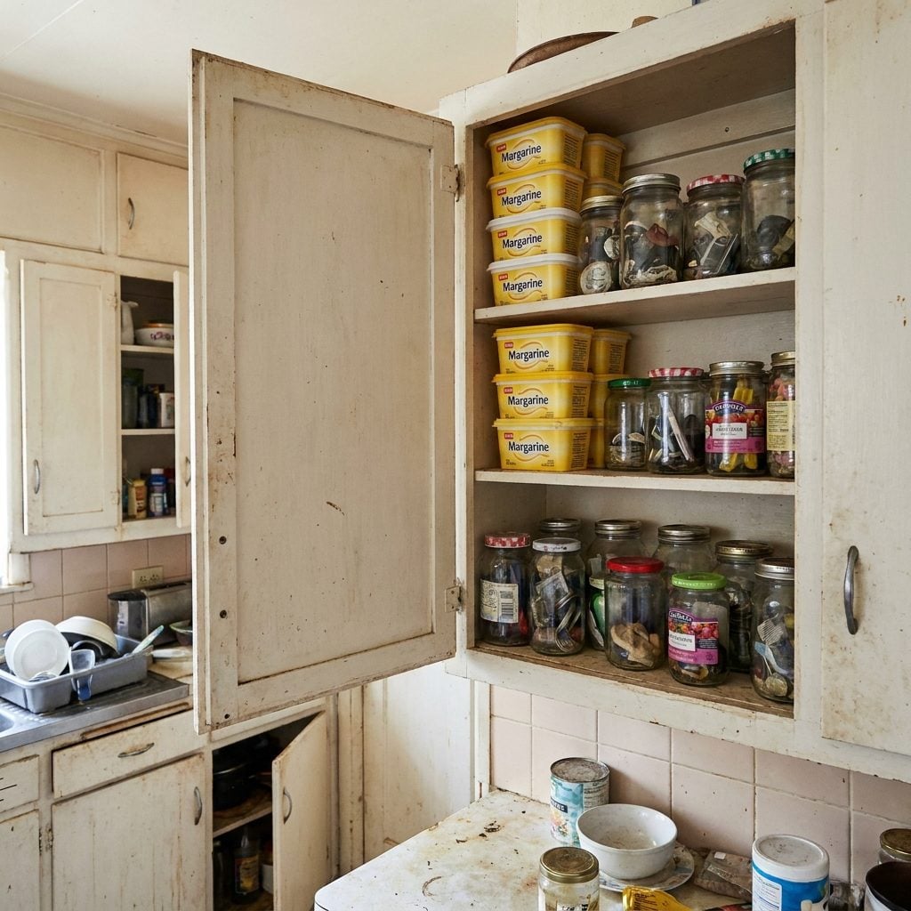 The Cabinet Full of Mismatched Margarine Tubs and Jelly Jars