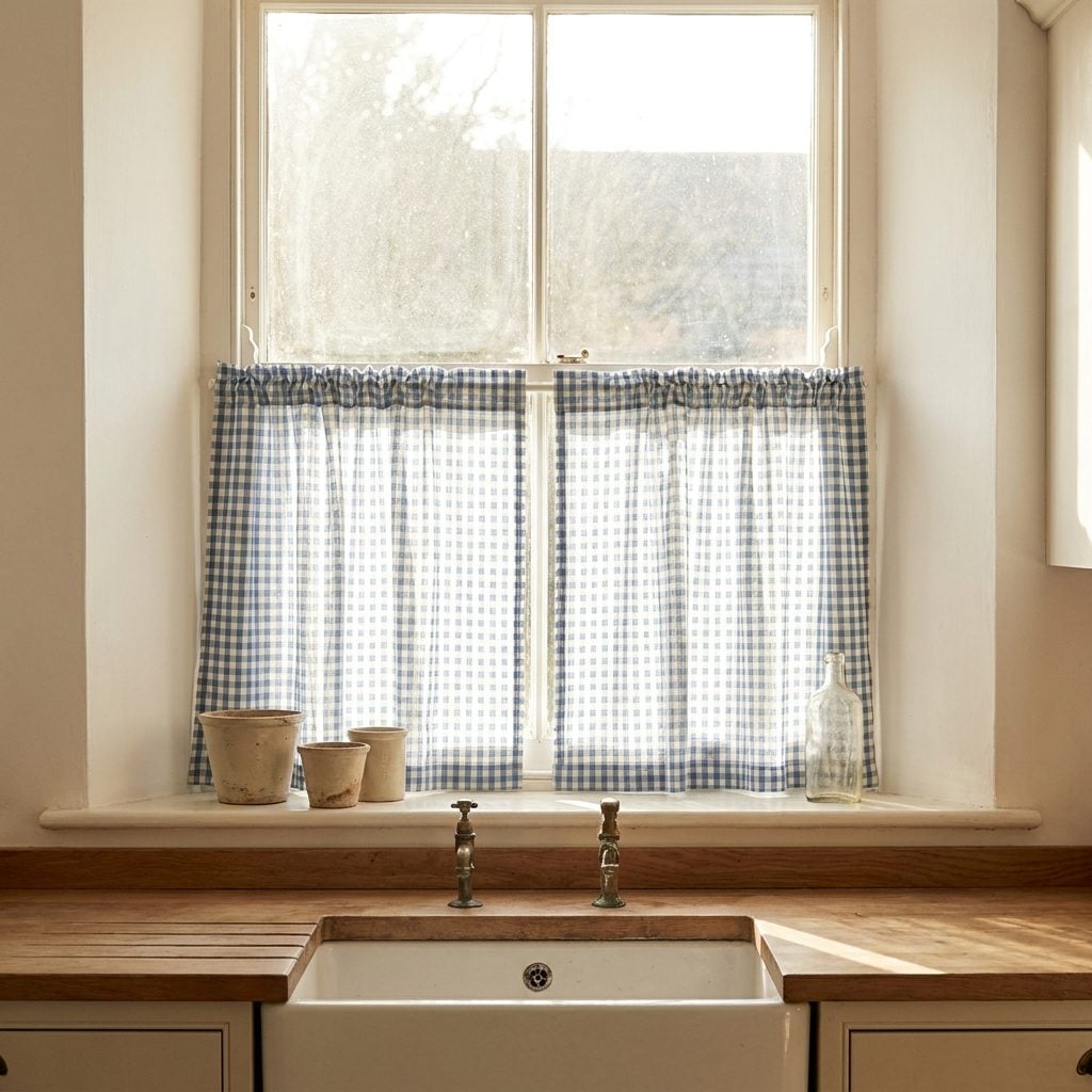 Café curtains covering the lower half of a kitchen window
