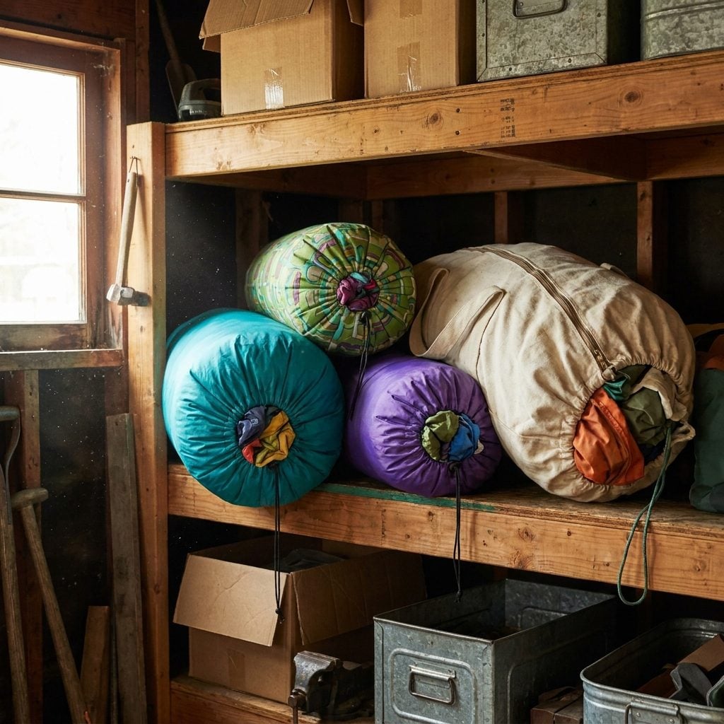 The Camping Tent and Sleeping Bags Stuffed Into Their Sacks