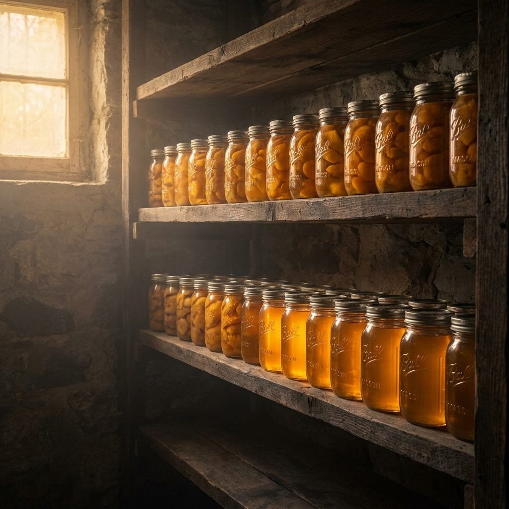 Canning Jars Lined Up Like Trophies on the Basement Shelf