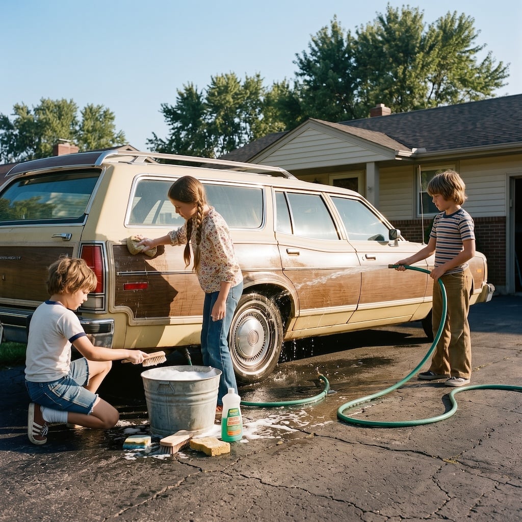Kids washing the family car in the driveway with a bucket and hose
