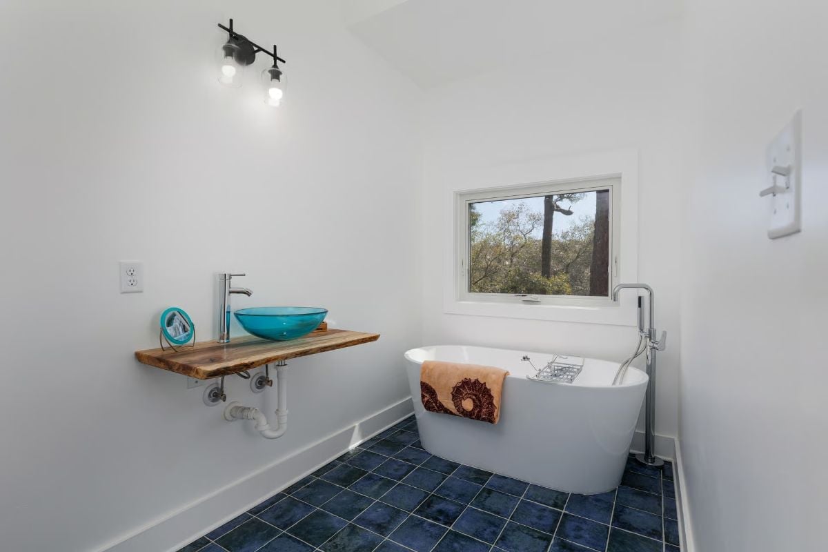 Freestanding Tub Framed by Trees You Don't Have to Earn With a View Hike