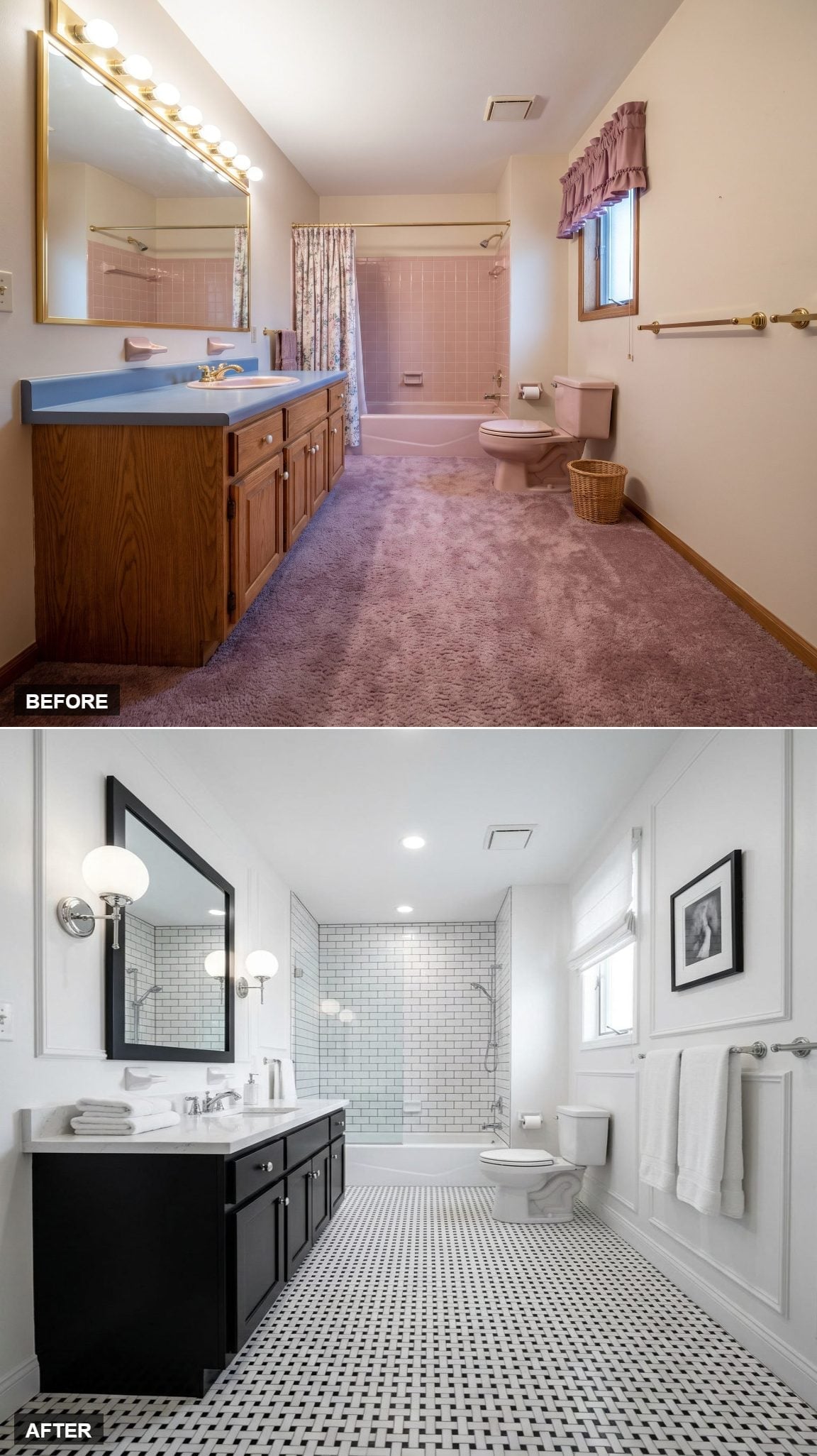 Black Vanity, Subway Tile Surround, and Basketweave Floors That Mean Business
