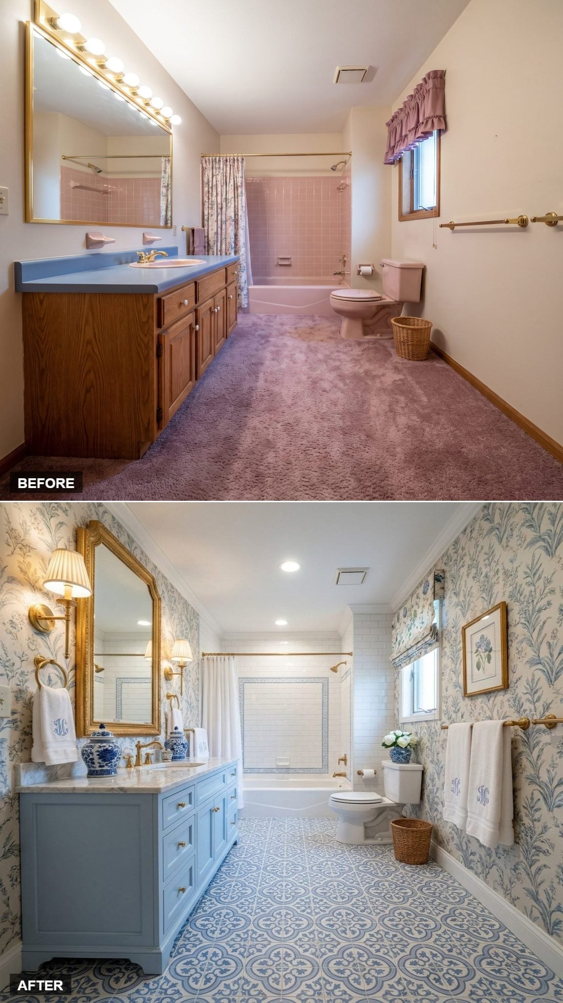 Blue Encaustic Floors, Toile Wallpaper, and a Vanity That Commits to the Palette