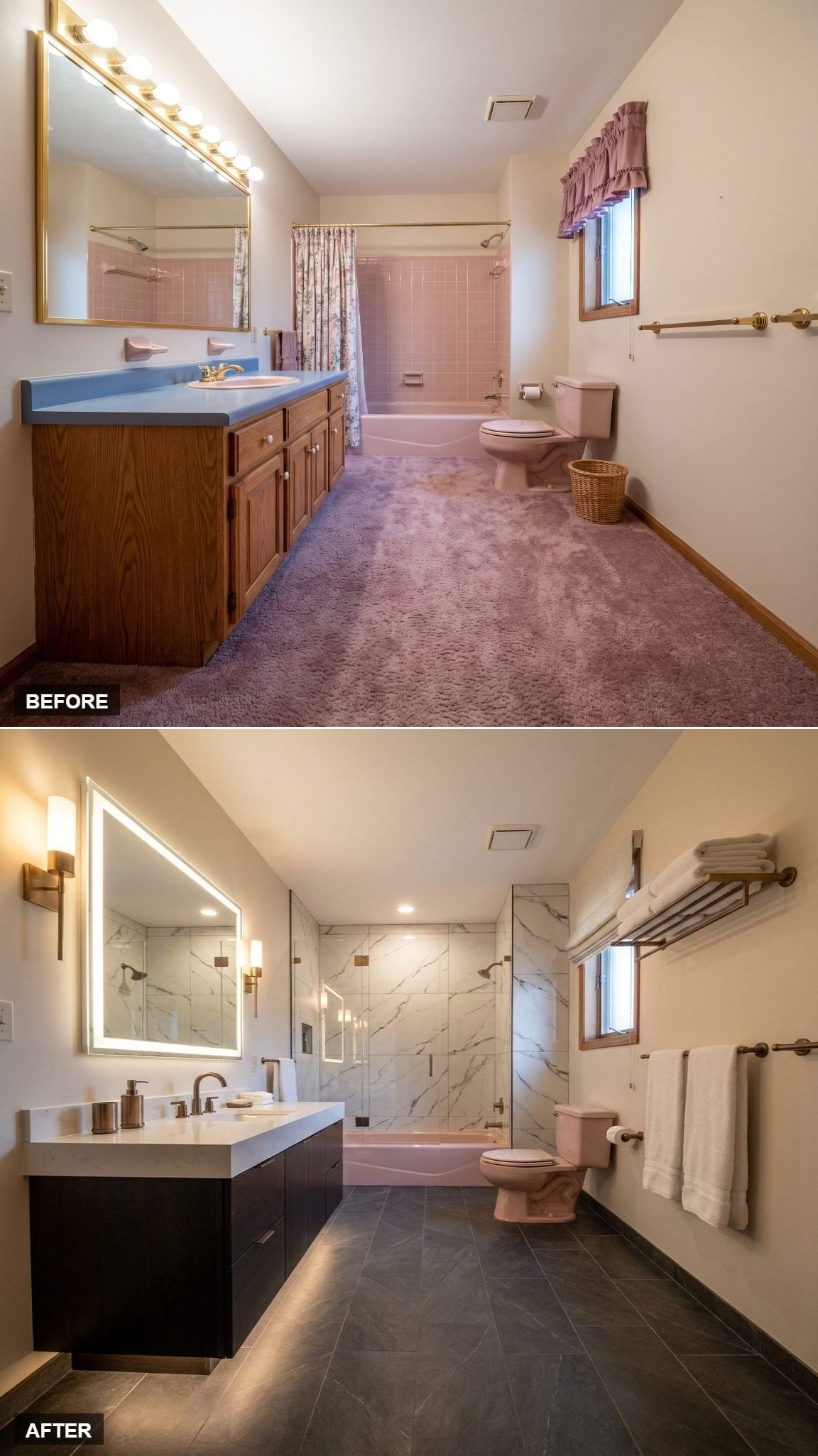 Dark Vanity, Marble Walls, and a Pink Toilet That Somehow Works