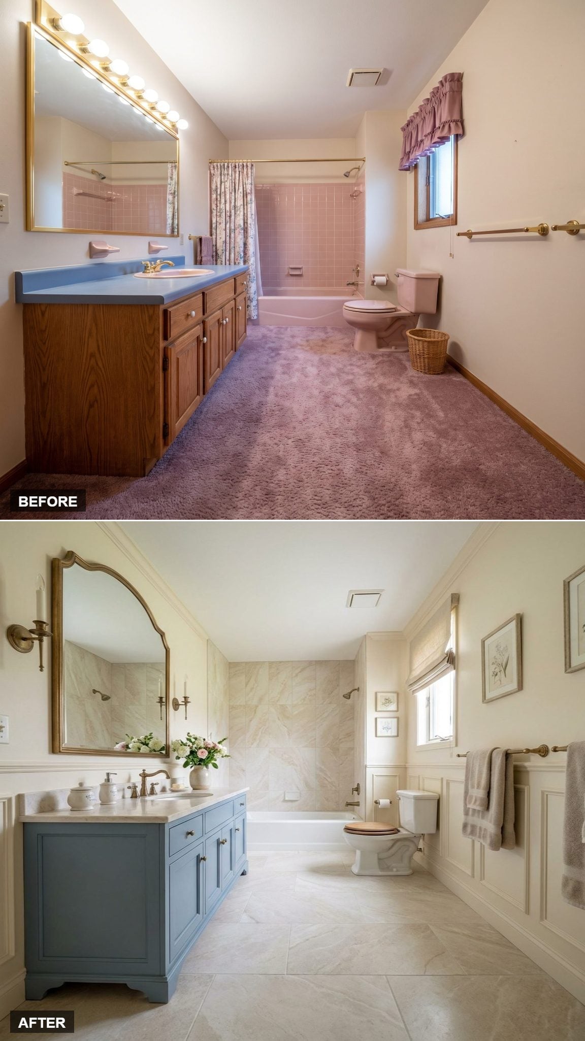 Dusty Blue Vanity, Wainscoting, and Marble Tile That Earns Every Inch