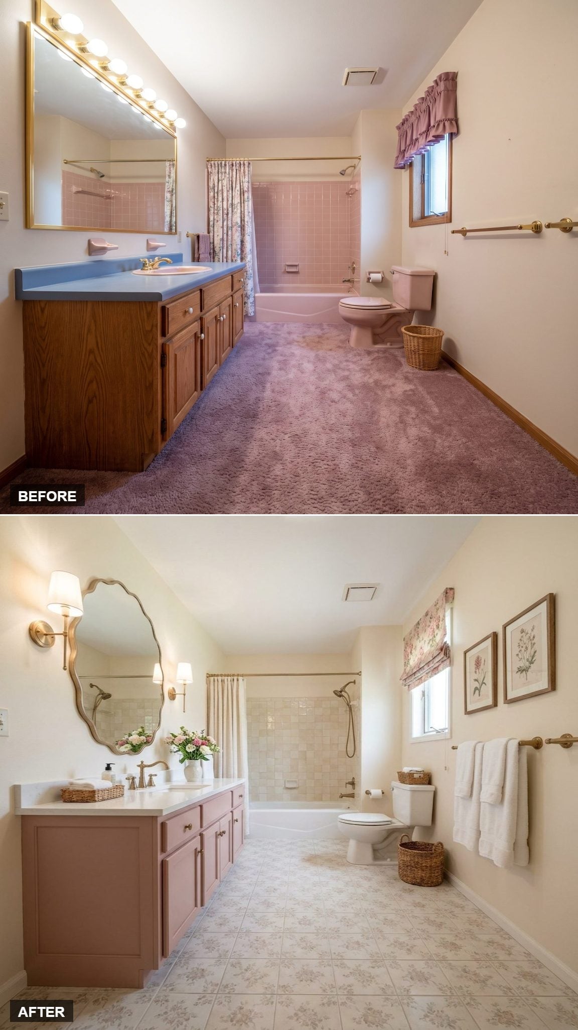 Dusty Rose Cabinetry, Brass Sconces, and Tile Floors That Rewrote the Whole Mood