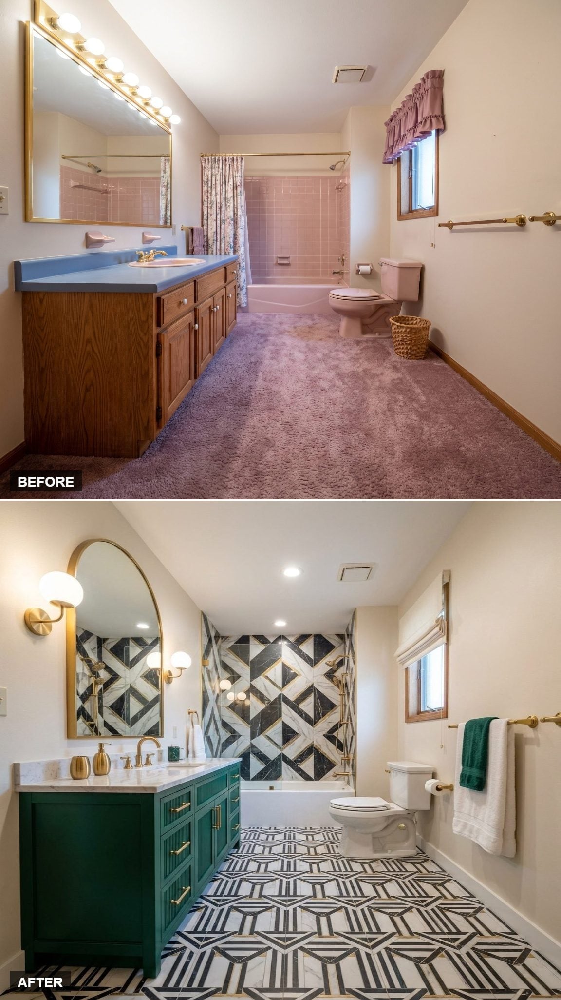 Green Vanity, Gold Hardware, and a Tile Wall That Commands the Room