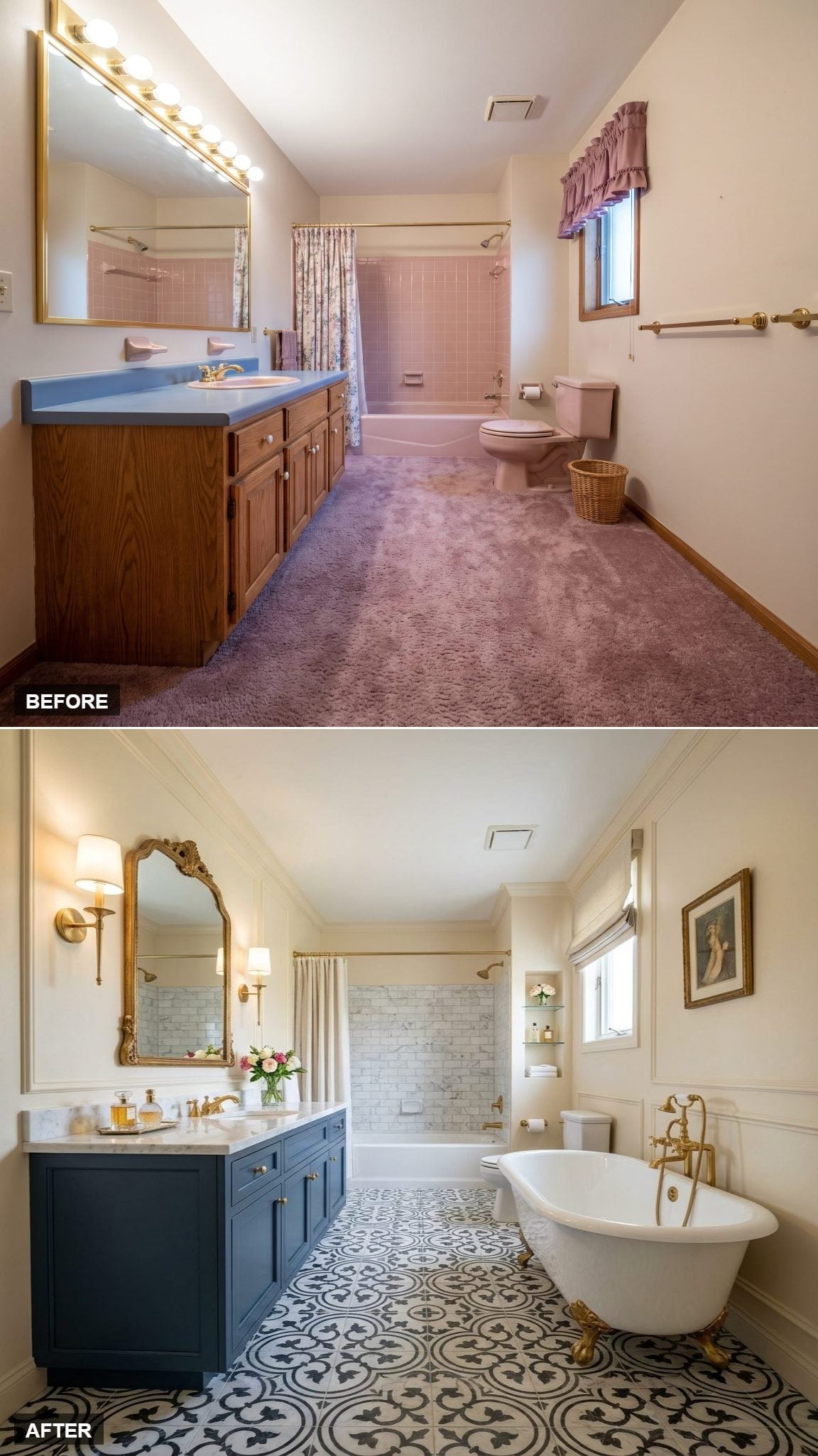 Navy Vanity, Clawfoot Tub, and Encaustic Floors That Commit to a Point of View