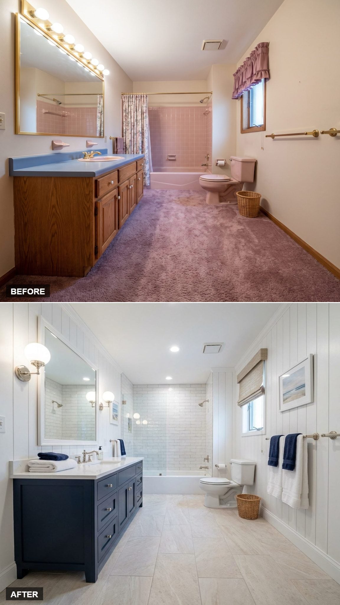 Navy Vanity, Shiplap Walls, and Subway Tile That Keeps It Clean