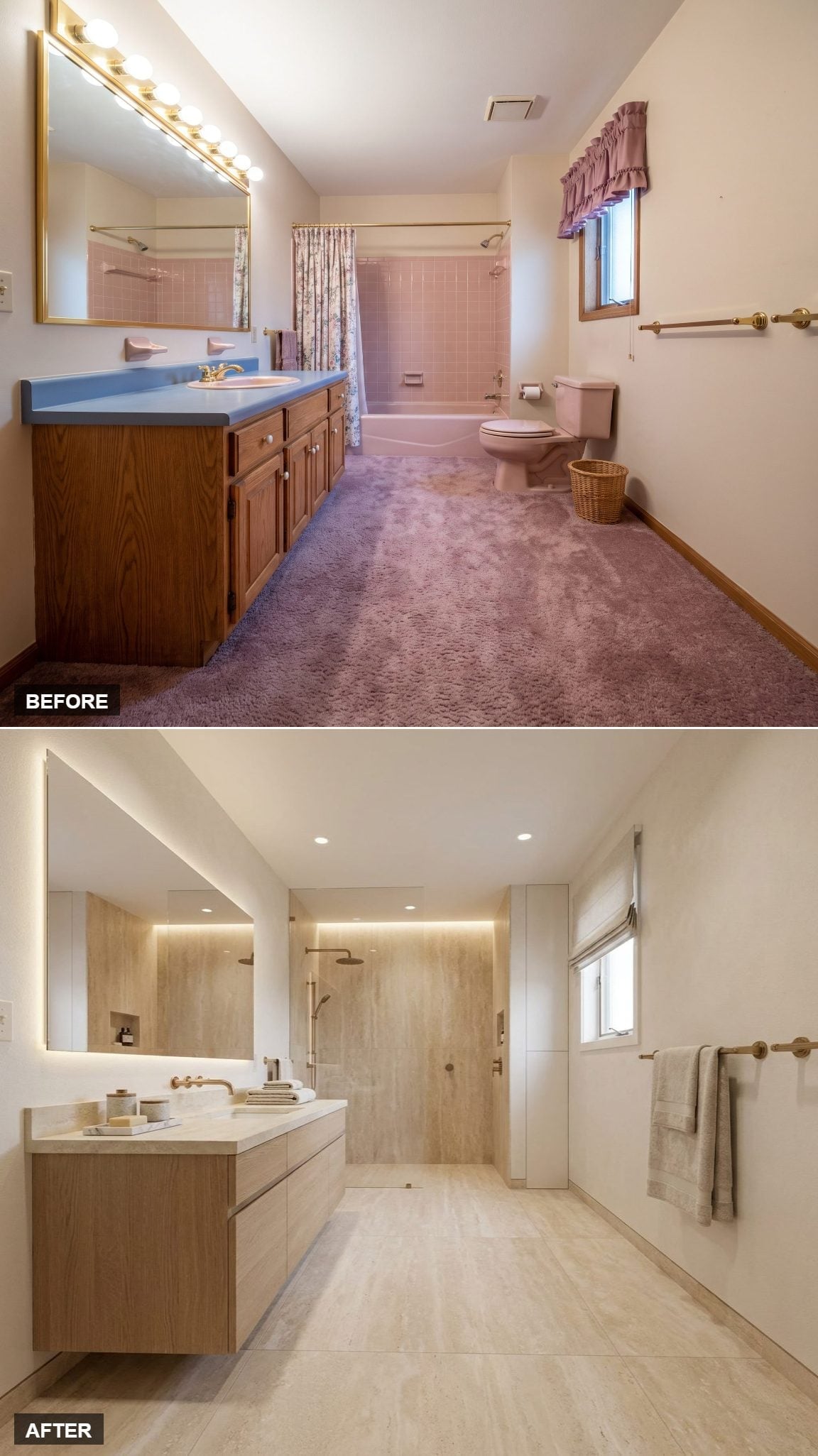 Oak Veneer Vanity, Travertine Floors, and Recessed Lighting That Does the Work