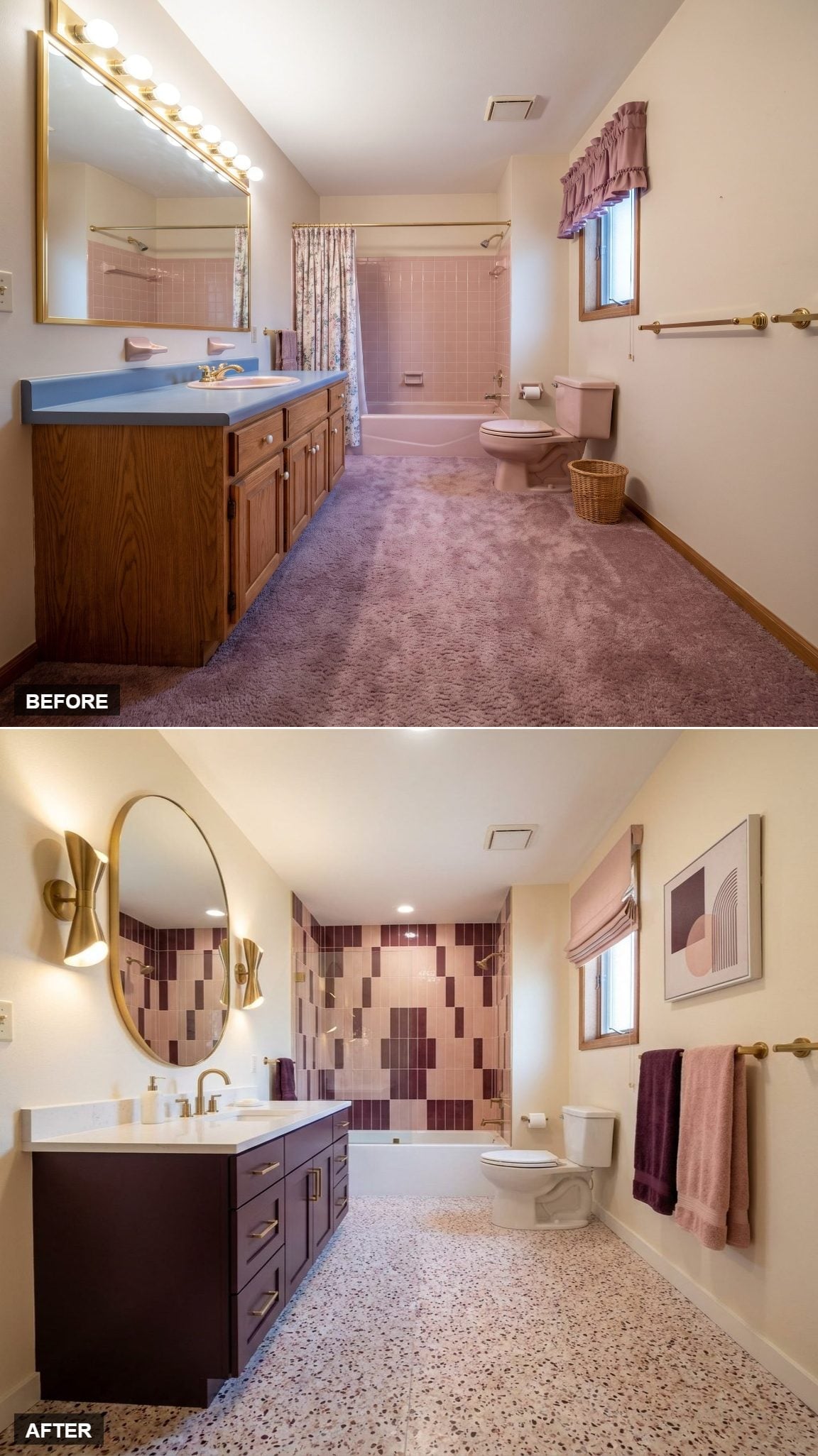 Plum Vanity, Terrazzo Floors, and a Tile Wall That Earns the Drama