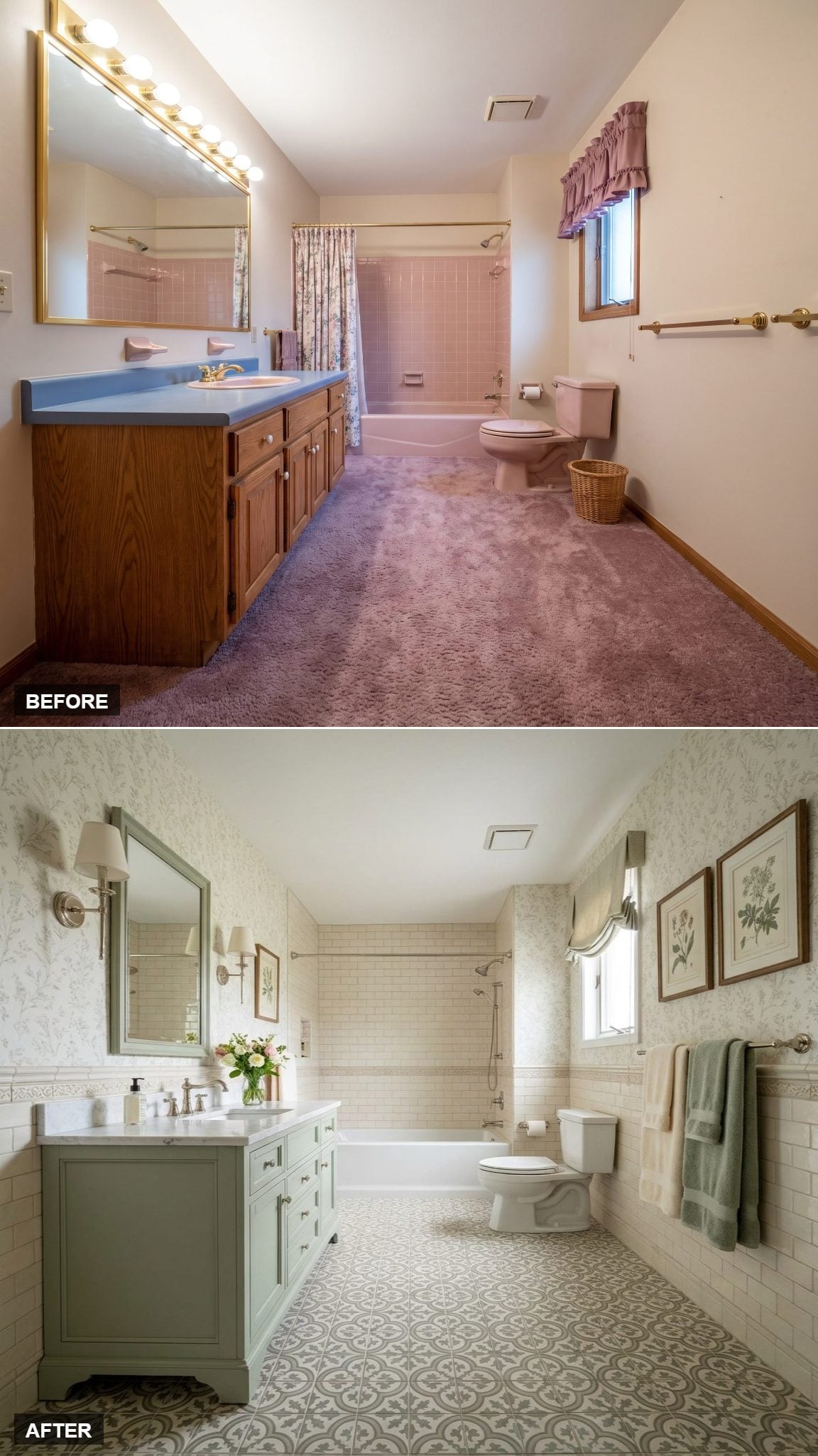 Sage Green Vanity, Encaustic Floor Tile, and Wallpaper That Actually Pulls It Together