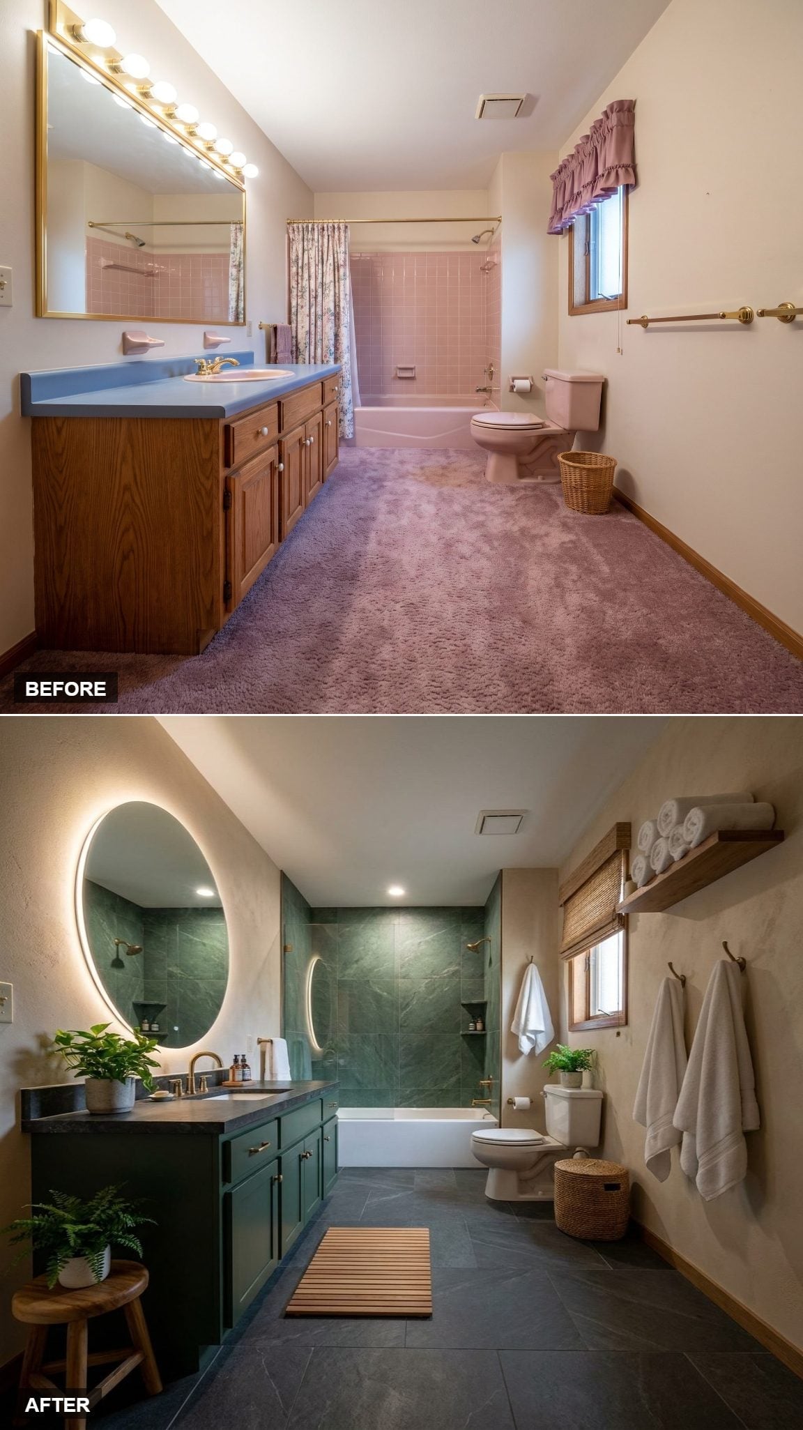 Slate Floors, a Backlit Oval Mirror, and Green Cabinetry That Pulls It Together