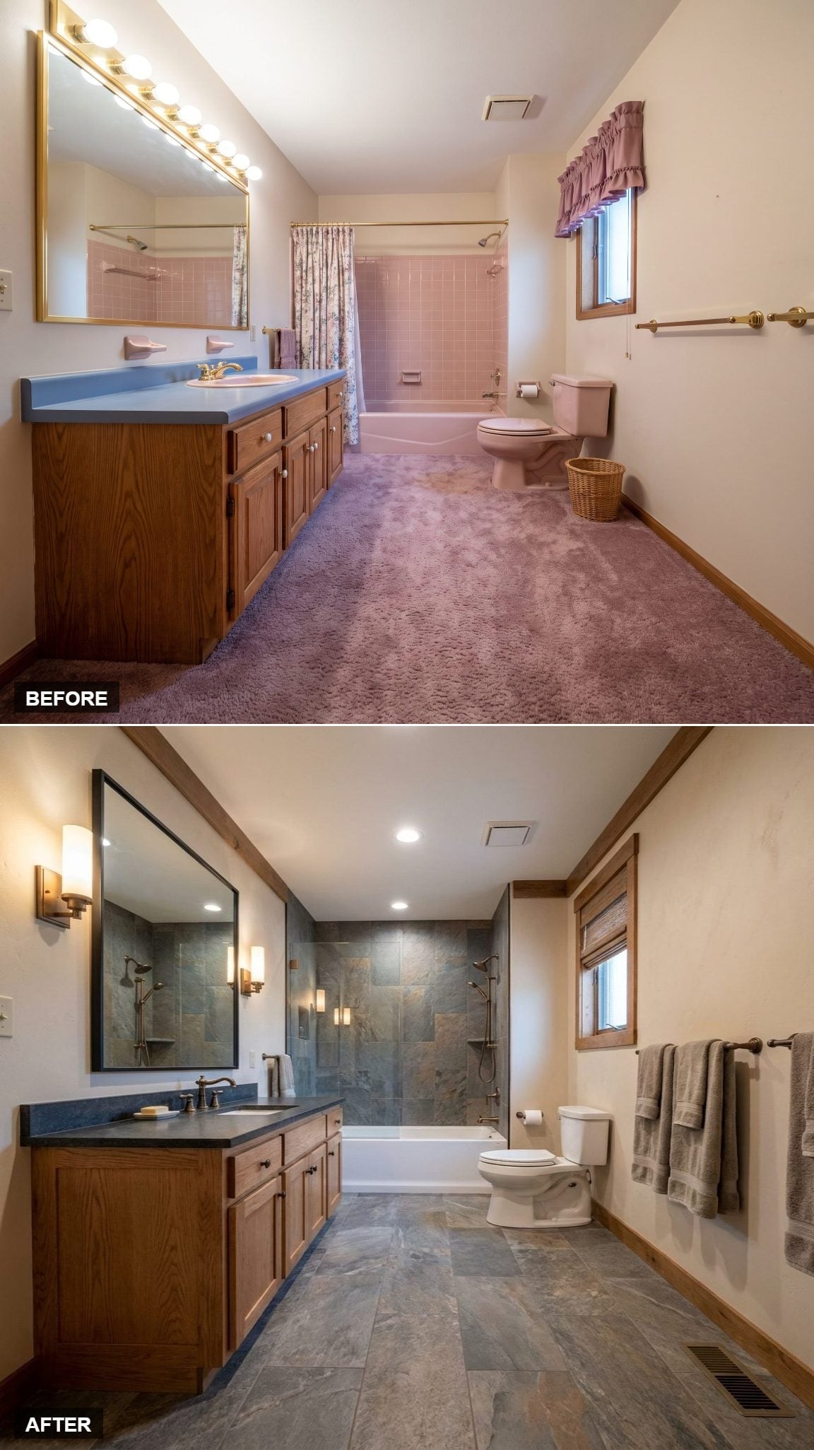Slate Tile, Sconce Lighting, and an Oak Vanity That Finally Got the Setting It Deserved