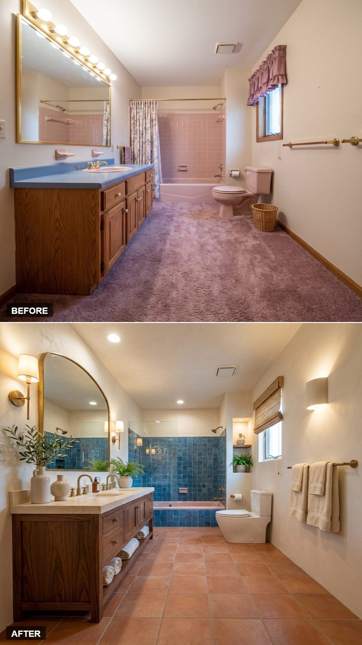 Teal Zellige Tile, Terra Cotta Floors, and an Arched Mirror That Anchors Everything