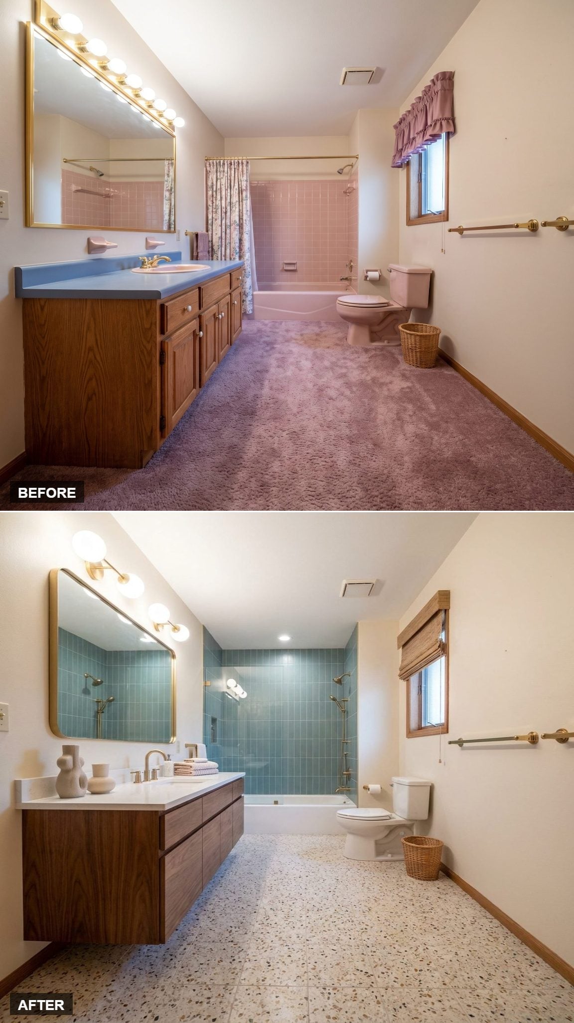 Walnut Floating Vanity, Terrazzo Floors, and Teal Tile That Actually Earns the Calm