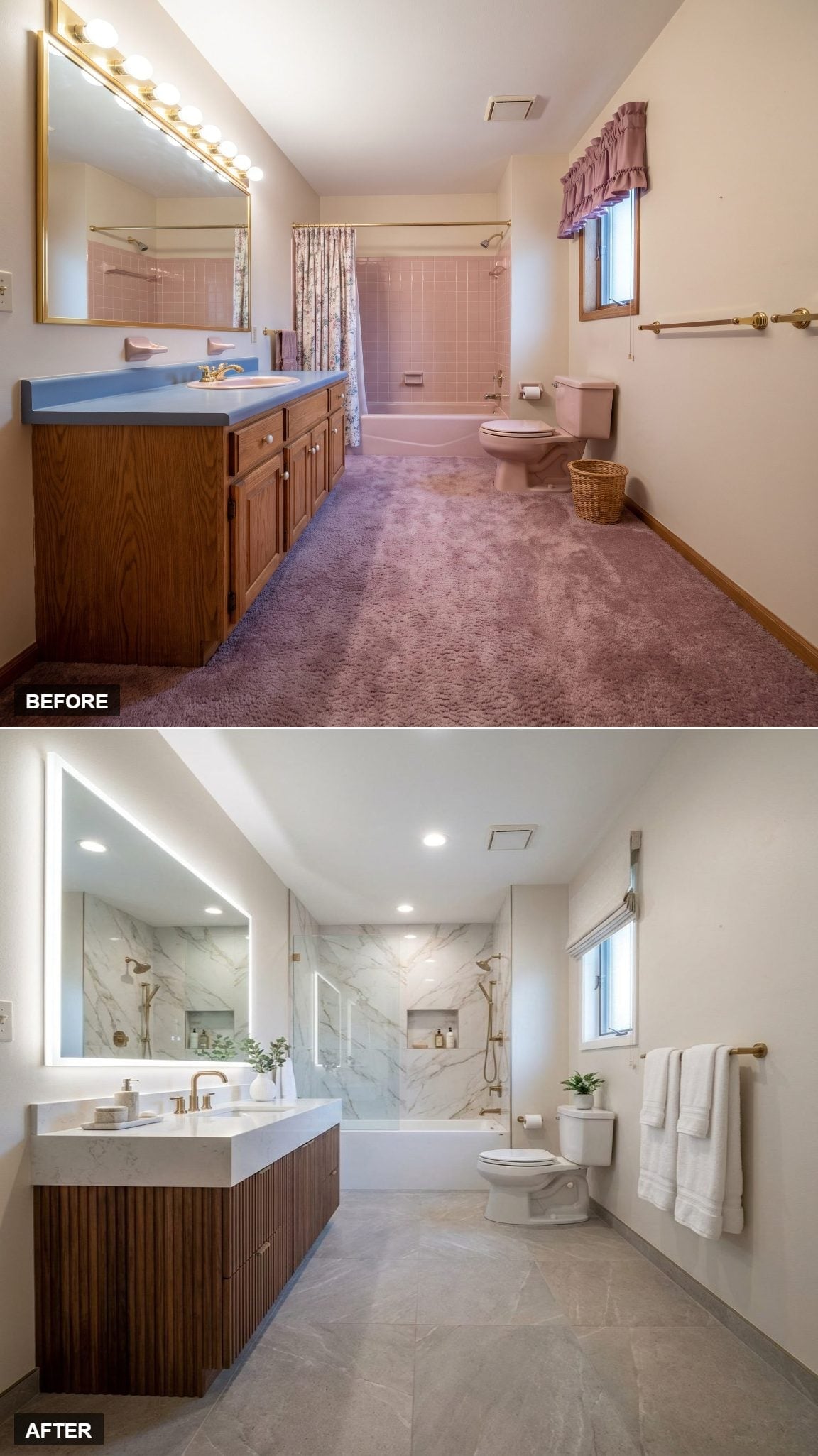 Walnut Slat Cabinetry, Backlit Mirror, and Marble Tile That Rewrote Every Surface