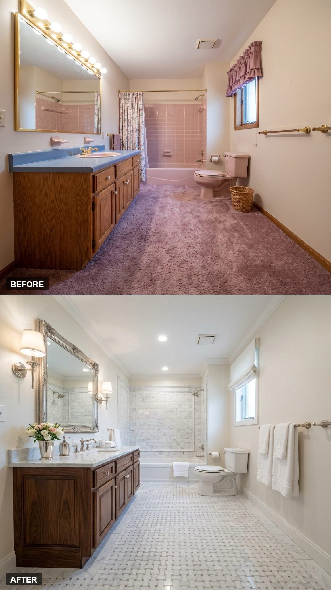 Walnut Vanity, Basketweave Floors, and Marble Tile That Earns the Quiet
