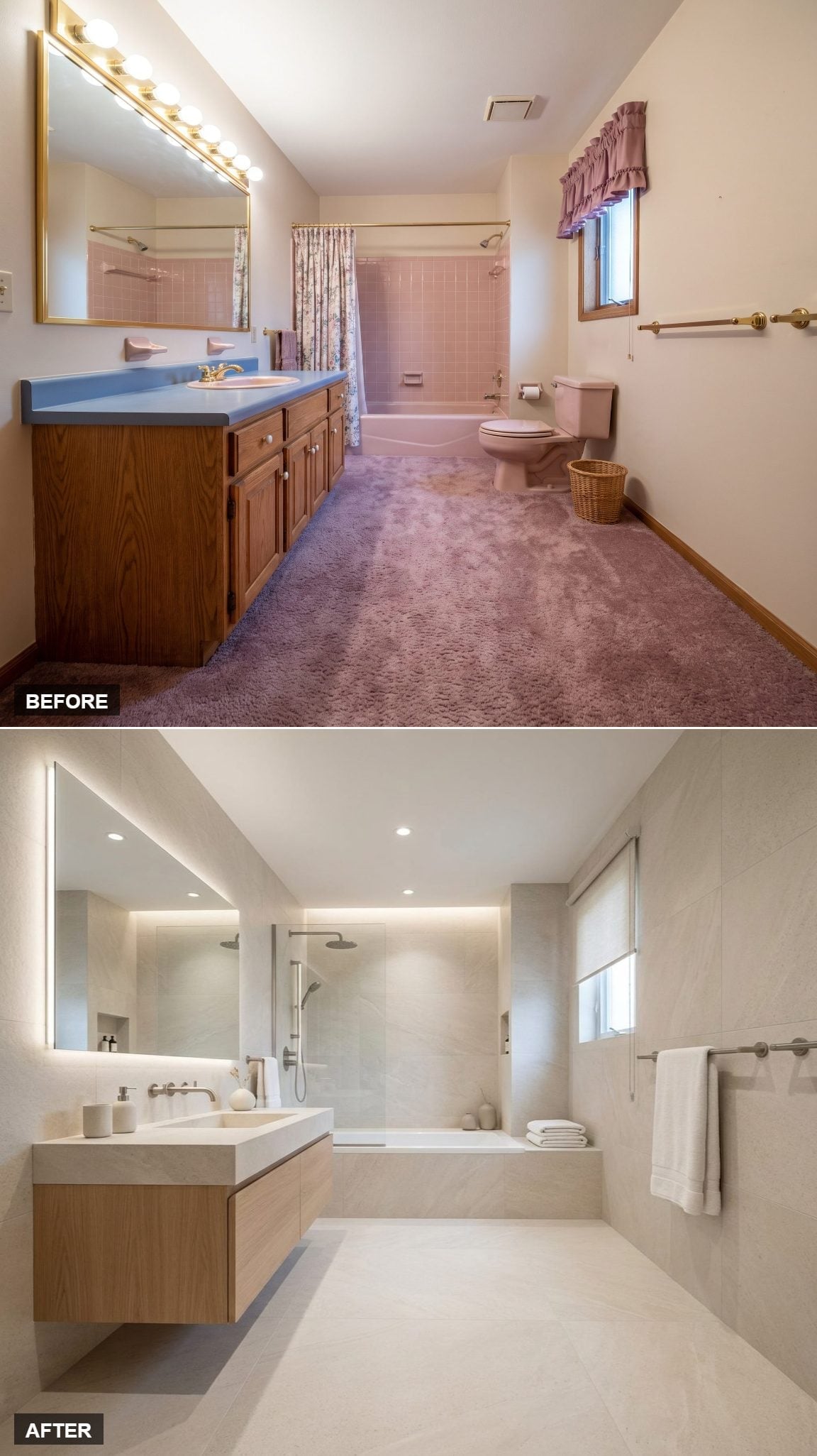Warm Oak, Backlit Mirror, and Large-Format Stone Tile That Rewrote the Rules