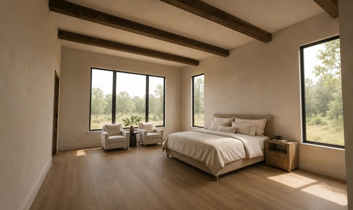 Exposed Beams Overhead, Open Meadow Beyond — Built for Stillness