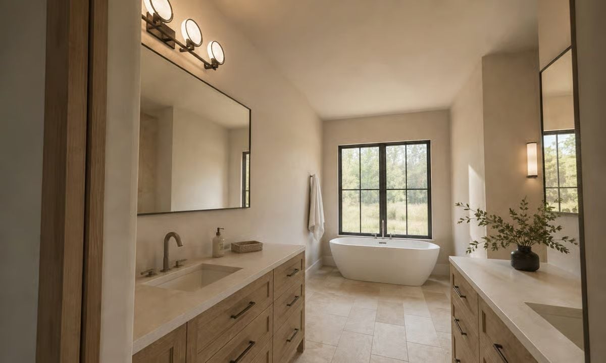 Freestanding Tub Centered on a Meadow View, No Curtains Required