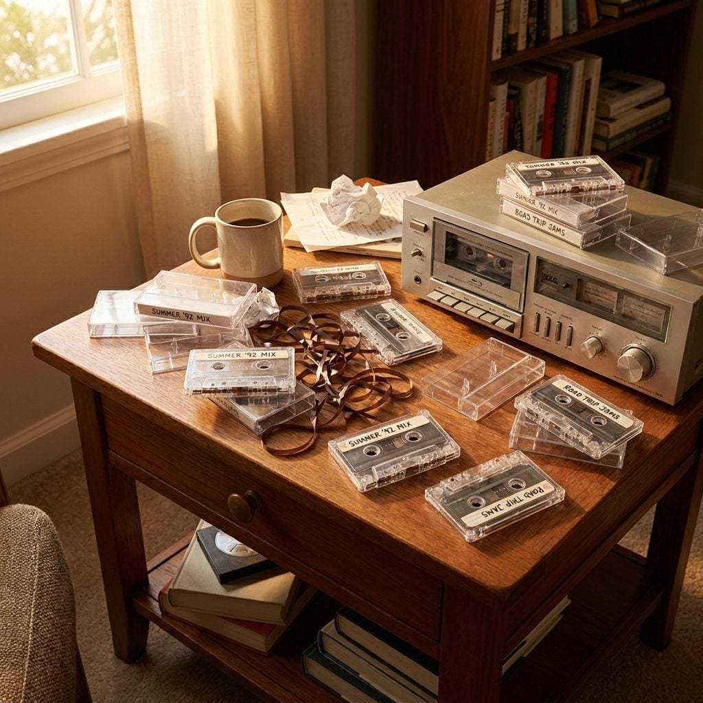 Cassette Tapes Scattered Near the Stereo