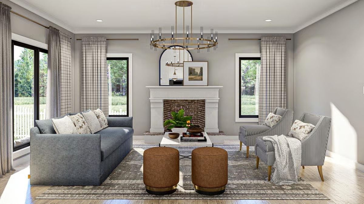 Brass Chandelier and Brick Firebox Anchor a Living Room That Means Business