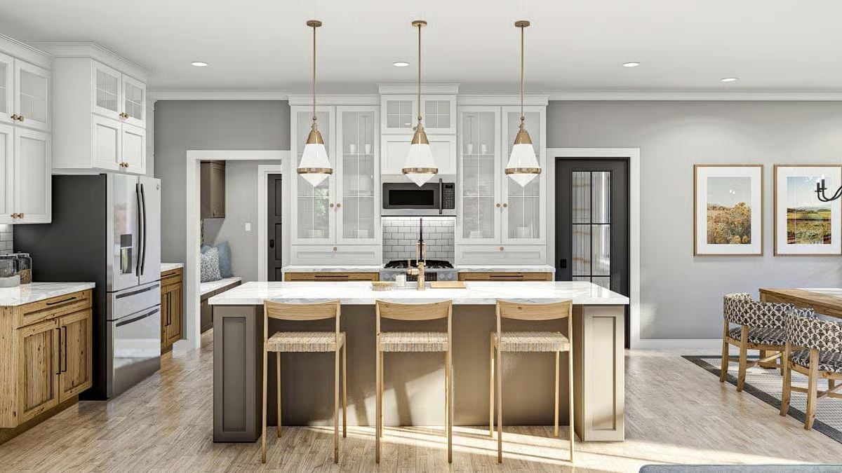 Brass Pendants and Woven Barstools Do a Lot of Heavy Lifting Here