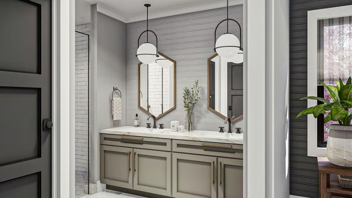 Hex Mirrors and Globe Pendants Make This Double Vanity Worth Waking Up For
