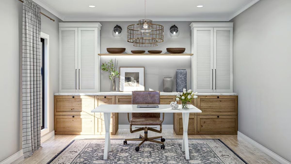 Louvered Cabinets and Live-Edge Drawers Make This Home Office Earn Its Square Footage