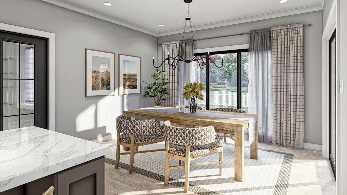 Warm Wood and Patterned Chairs Pull This Dining Nook Together
